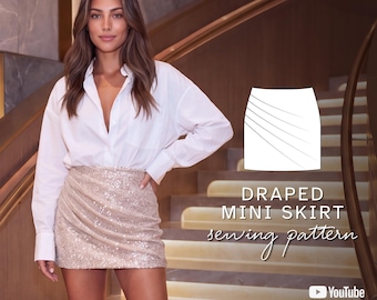 Draped Mini Skirt PDF Sewing Pattern | Nora High Waist Ruched Skirt with Side Drapery | Sizes EU 32-54 | A4, US Letter, A0, Projector