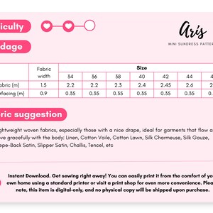 May include: A digital sewing pattern for the Aris mini sundress on a light pink background. It includes a yardage chart with fabric and interfacing requirements in meters for sizes 34 to 46, fabric suggestions, and a difficulty indicator.