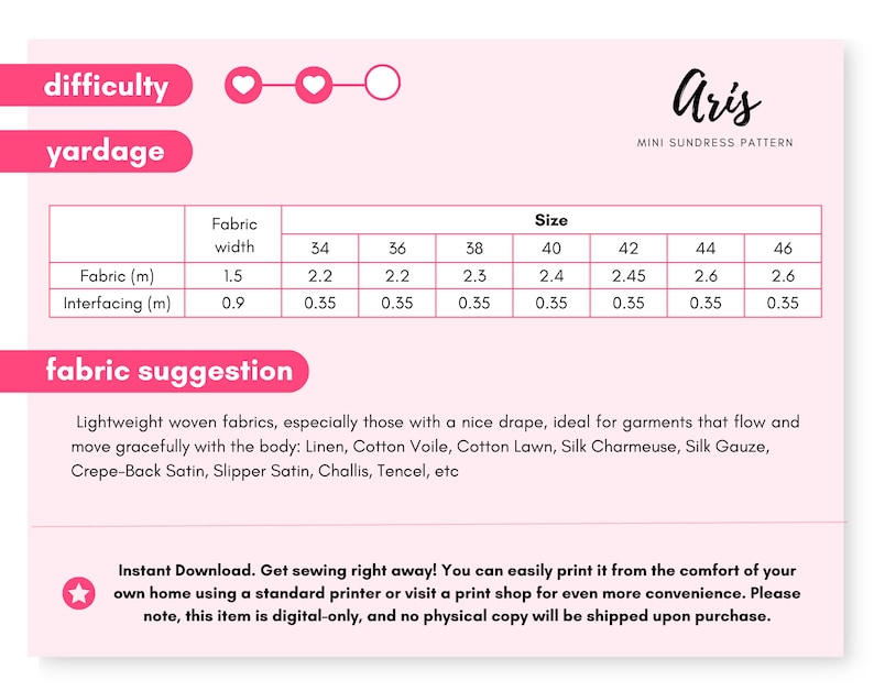 May include: A digital sewing pattern for the Aris mini sundress on a light pink background. It includes a yardage chart with fabric and interfacing requirements in meters for sizes 34 to 46, fabric suggestions, and a difficulty indicator.