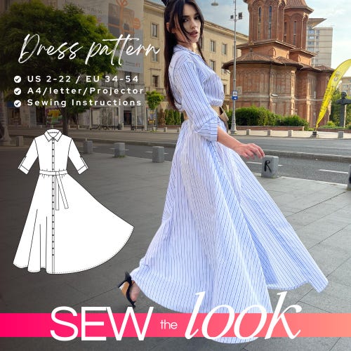 April DIY Maxi Shirt Dress Pattern, Long Circle Skirt Shirtwaist Dress PDF  Sewing Pattern, Pointed Collar Dress With Elastic Waist Pattern - Etsy