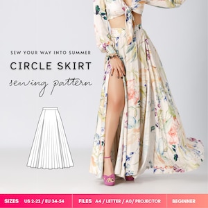 Freesia Printable Circle Skirt Pattern, three quarter circle skirt sewing pattern, high waist floor length skirt pattern 34-54 EU