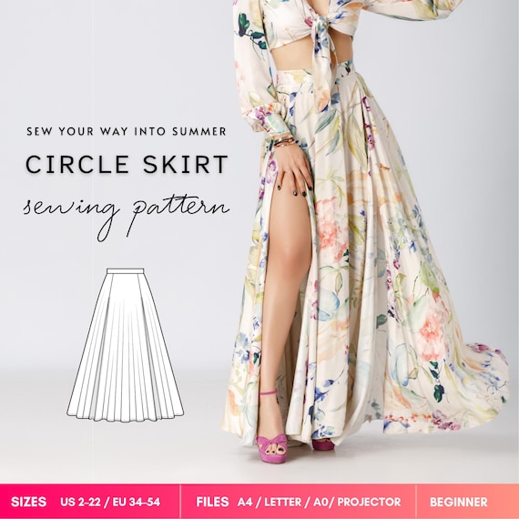 Freesia Printable Circle Skirt Pattern, three quarter circle skirt sewing pattern, high waist floor length skirt pattern 34-54 EU