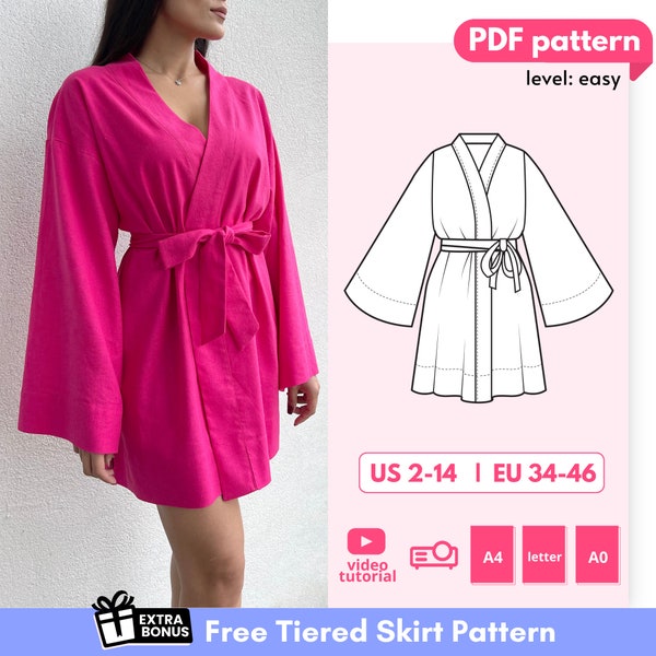 Patron de couture pdf kimono BLAIR, robe d'été courte ample 34 36 38 40 42 44 46 EU - PDF A4, Lettre et A0 pour impression et Projecteur