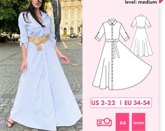 April DIY Maxi Shirt Kleid Schnittmuster, langer Tellerrock Shirt Taille Kleid PDF Schnittmuster, spitzes Kragen Kleid mit elastischem Taillenmuster