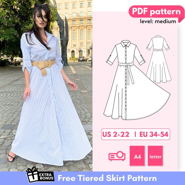 April DIY maxi shirt dress pattern, long circle skirt shirtwaist dress PDF sewing pattern, pointed collar dress with elastic waist pattern