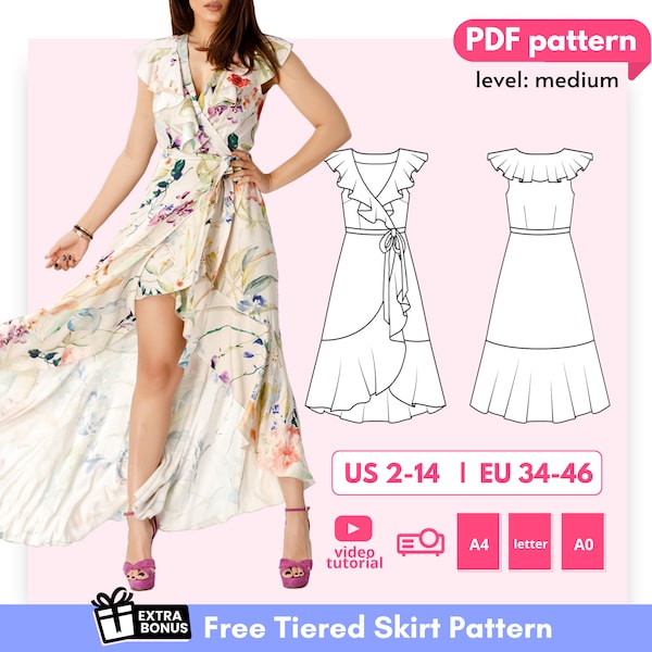 Modèle pdf de robe portefeuille MICHELLE, modèle imprimable de robe portefeuille en coton avec tutoriel de couture et, robe maxi bohème, robe asymétrique à nouer sur le devant