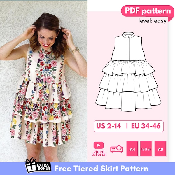 Chloe DIY Patrón de vestido escalonado, vestido smock patrón de costura digital PDF, vestido de verano, vestido con volantes, vestido de tienda de cintura alta recogido 34-46 EU