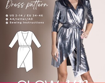 Patrón de costura de vestido cruzado mini BRIANNA DIY, vestido asimétrico con cuello en V, patrón imprimible de vestido de fiesta de manga larga, patrón PDF de vestido de cóctel
