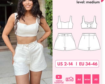 Sophie Sweetheart Hals Crop Bustier Top Patroon + High Waisted Shorts Naaipatroon Co-ords, Tweedelig Set Patroon, Digitaal PDF Patroon