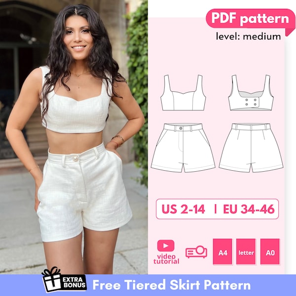 Sophie Sweetheart Neckline Crop Bustier Top Pattern + High Waisted Shorts Sewing Pattern Co-ords, Two Piece Set Pattern, Digital PDF Pattern