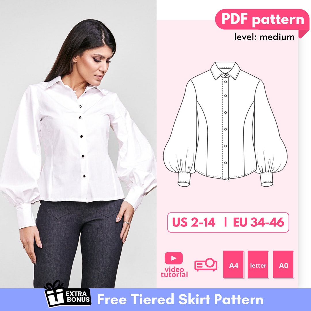 ABBY Button up Fitted Shirt With Bishop Sleeve Sewing Pattern - Etsy