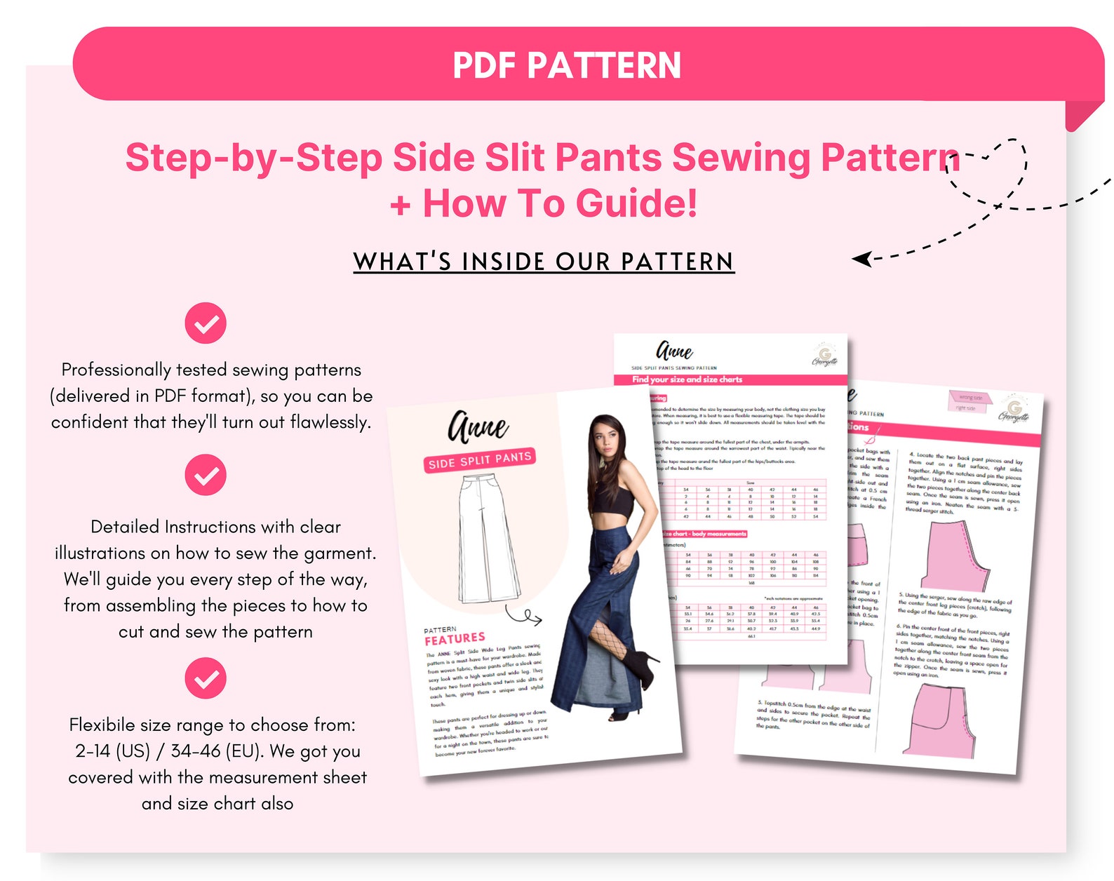 ANNE Split Side Wide Leg Pants Sewing Pattern 34 36 38 40 42 44 46 EU ...