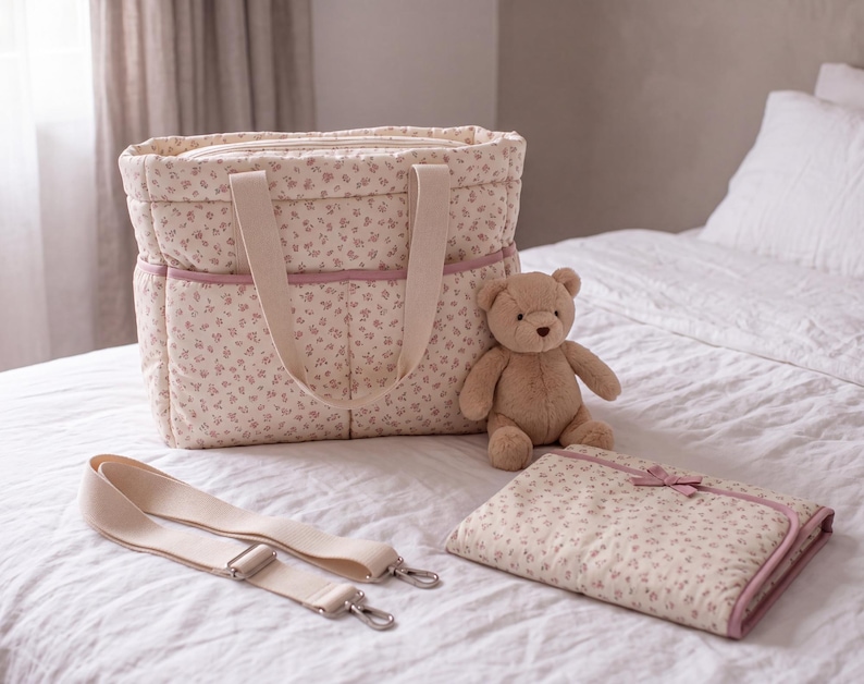 May include: A quilted nappy bag with a cream and pink floral pattern, featuring two top handles and a zip closure. Included are a detachable cream shoulder strap with metal hardware, a matching folded changing mat, and a small tan teddy bear.