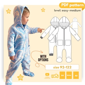 DIDOO hooded all in one bodysuit pattern, Overall polar fleece pdf pattern, zip up jumpsuit sewing pattern, footed playsuit pattern PDF 2-7Y