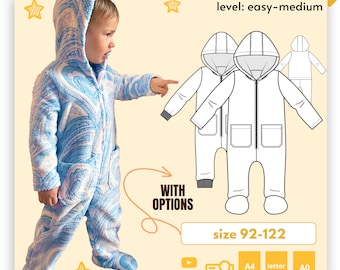 DIDOO hooded all in one bodysuit pattern, Overall polar fleece pdf pattern, zip up jumpsuit sewing pattern, footed playsuit pattern PDF 2-7Y