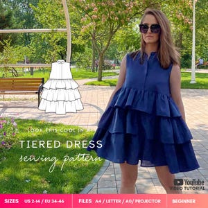 Chloe DIY Tiered dress pattern, smock dress digital PDF sewing pattern, summer dress, flounce dress, gathered high waist tent dress 34-46 EU