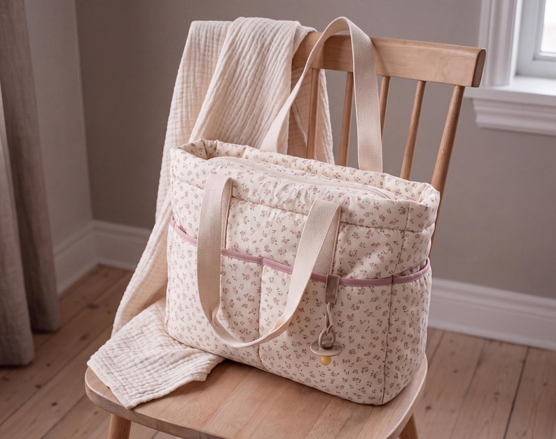May include: A quilted tote bag featuring a cream-coloured fabric with a small-scale pink floral pattern. The bag includes two cream-coloured fabric handles, two exterior front pockets with pink trim, and a dummy attached to a small strap.