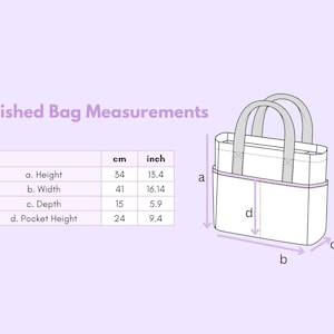 May include: A line drawing of a tote bag with two handles and an exterior pocket. A table lists finished bag measurements in cm: height 34, width 41, depth 15, and pocket height 24. Arrows indicate these dimensions on the bag illustration.