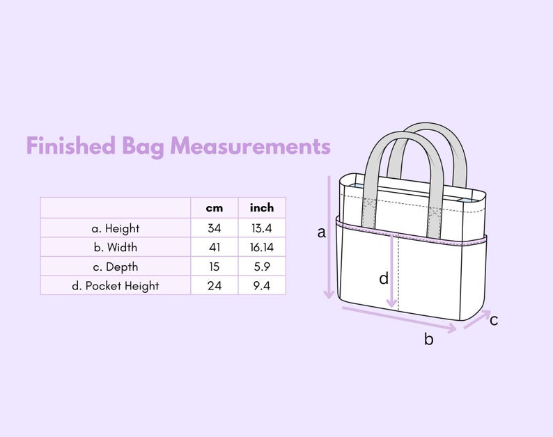 May include: A line drawing of a tote bag with two handles and an exterior pocket. A table lists finished bag measurements in cm: height 34, width 41, depth 15, and pocket height 24. Arrows indicate these dimensions on the bag illustration.