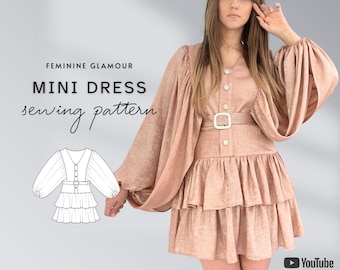 MARIA plunged draped mini dress pattern, pdf download oversized puff sleeve dress sewing pattern,  PDF dress digital pattern