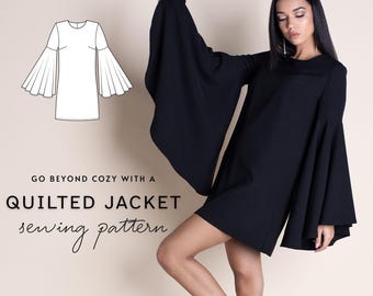 May include: A black dress with long, wide bell sleeves and a round neckline. The image includes a technical line drawing of the dress, the text GO BEYOND COZY WITH A QUILTED JACKET sewing pattern, and size information for US 2-14 and EU 34-46.