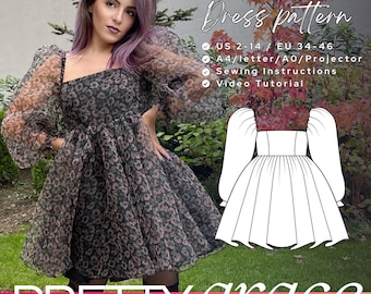 DAPHNE Organza Kleid Schnittmuster, Organza Schnittmuster 34-46 EU, A4, Letter und A0 mit Projector