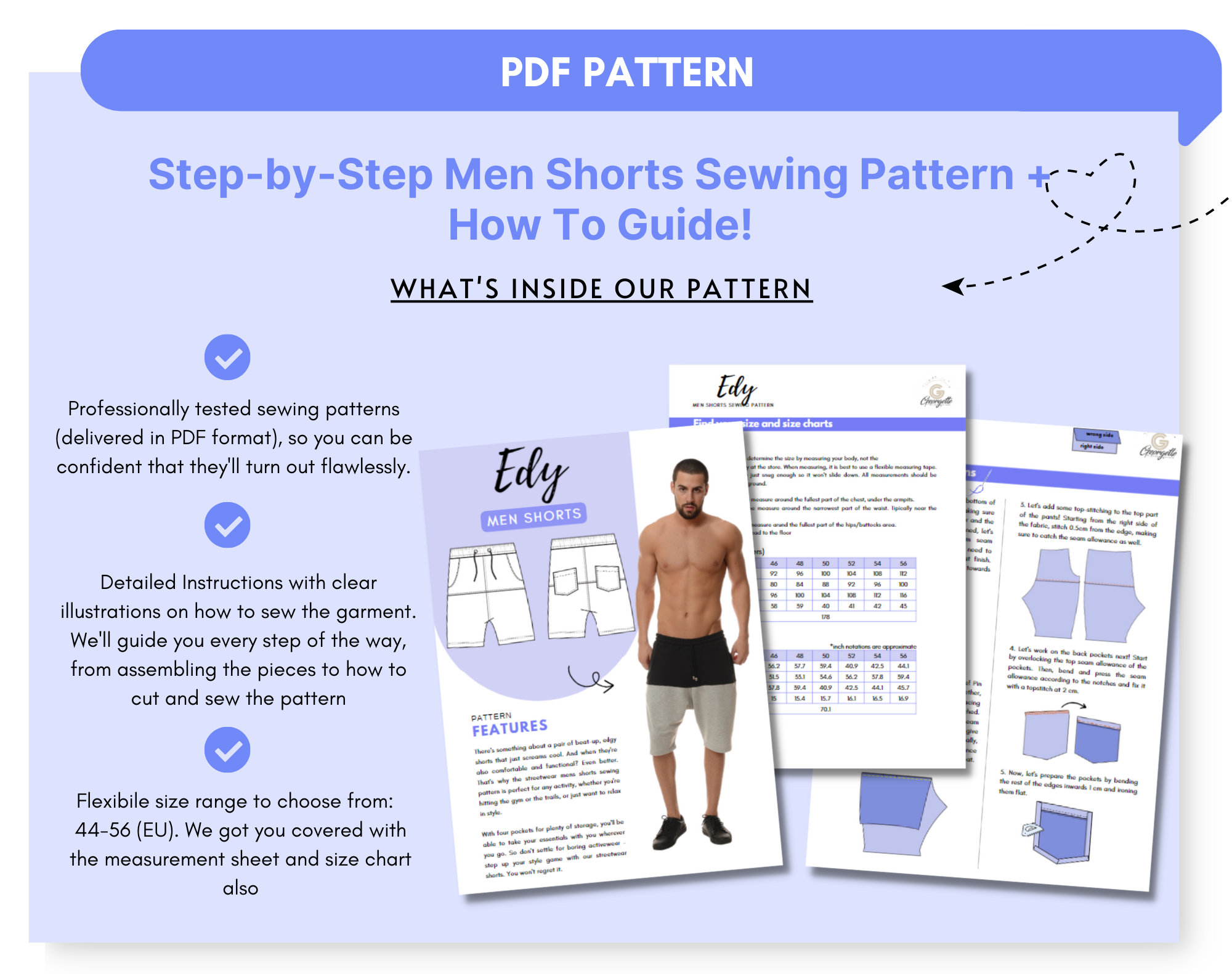 EDY DIY Men Shorts Sewing Pattern, Utility Athleisure Drop Crotch Pants ...