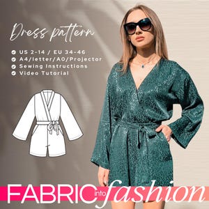 Kylie DIY wrap playsuit sewing pattern for women, long sleeves & V neck romper, lightweight summer jumpsuit digital PDF sewing pattern