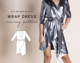 BRIANNA DIY mini wrap dress sewing pattern, v-neck asymmetrical dress, long sleeve prom dress printable pattern, cocktail dress PDF pattern