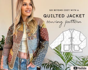 DIY gewatteerde jas met klavermotief, handgemaakt naaiproject, patchwork blazer met zakken (PDF digitaal naaipatroon)