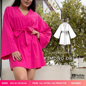 May include: A bright pink kimono dress with wide sleeves and a matching waist tie. The image includes a white line drawing of the garment, the text SEWING FUN WITH THIS KIMONO DRESS sewing pattern, and a YouTube video tutorial icon.