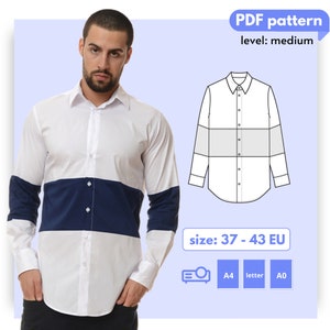 May include: A PDF pattern for a long-sleeve shirt with a white, gray, and blue color block design. The pattern is for sizes 37-43 EU and is labeled as medium difficulty. The image shows a model wearing the shirt and a flat lay of the pattern pieces.