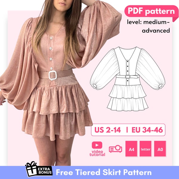 MARIA plunged draped mini dress pattern, pdf download oversized puff sleeve dress sewing pattern,  PDF dress digital pattern