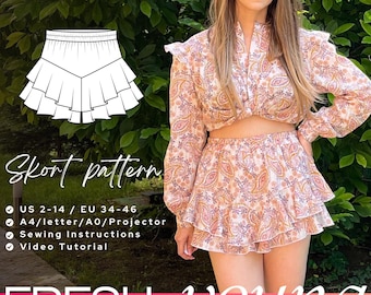 Patrón de pantalones cortos de cintura alta para mujer AVA, patrón de falda pantalón de lino con cintura elástica, patrón de costura en PDF de falda pantalón con volantes
