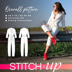 Pode incluir: Um padrão de costura para um macacão branco com vista frontal e traseira. O padrão está disponível nos tamanhos US 2-14 / EU 34-46 e nos formatos A4/carta/AO. O texto "STITCH it UP" está na parte inferior da imagem.