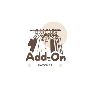 May include: A brown and white logo for Add-On Patches. The logo features a clothing rack with various garments hanging on it. The text "Add-On" is in a bold, brown font, with "Patches" below it.