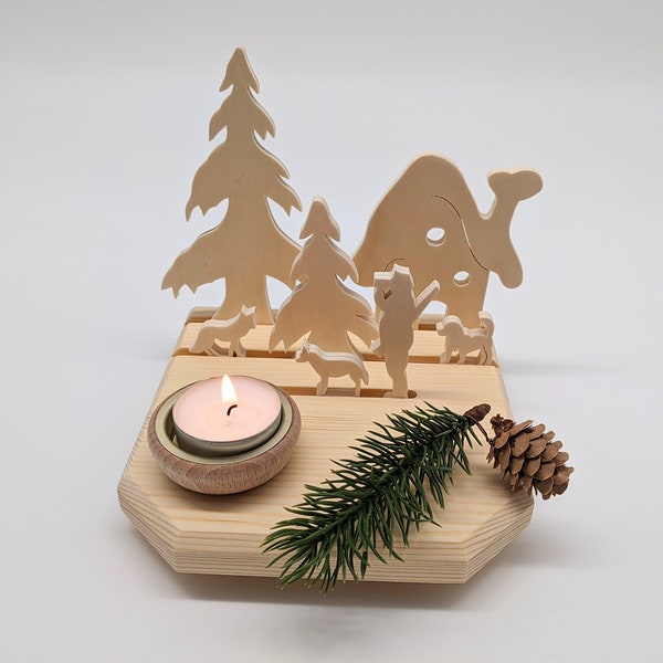 DIY Teelichthalter Förster Haus Dekoration Weihnachten Advent | Tischdekoration Holz Schattenspiel zum Selbst Bemalen Basteln Projekt Aktiv