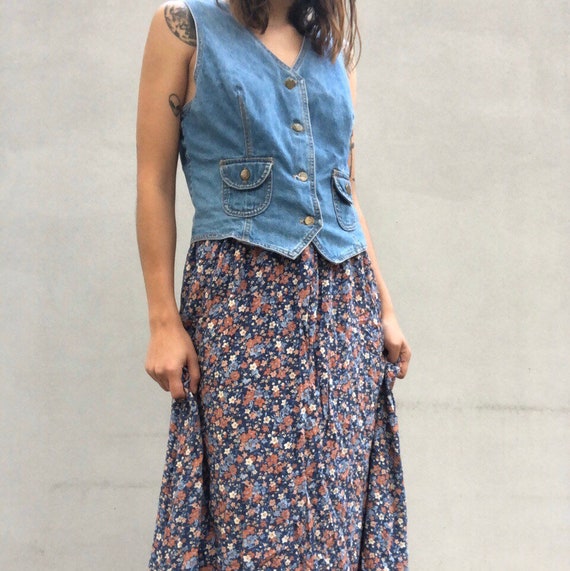 Vintage 1980s 80s denim waistcoat and ditsy floral