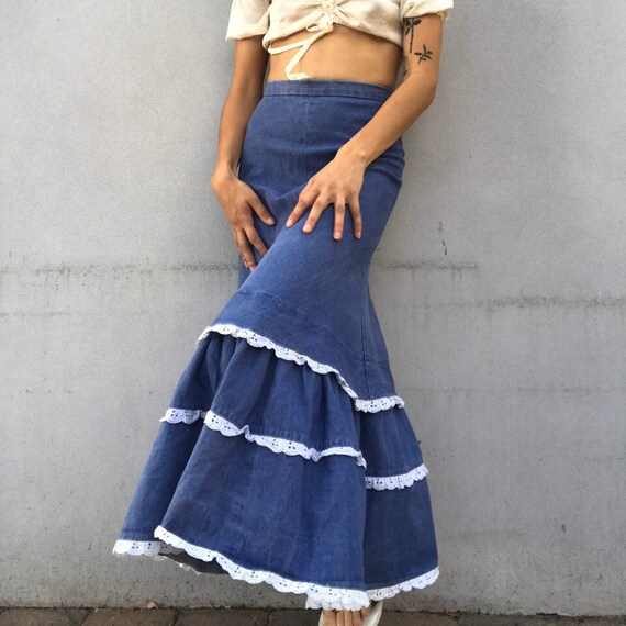 Vintage 1970s denim prairie milkmaid maxi skirt