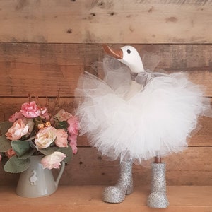 Tutu Bamboo Root Wooden Duck With White Tutu And Silver Sparkly Glitter Wellies