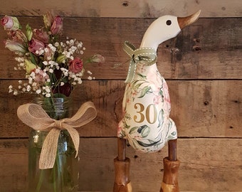 Birthday Duck Bamboo Root Wooden Duck Classic Cream With Flowers Ribbon Bow And Natural Wellies. Any Age