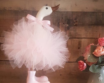 Bamboo Root Wooden Duck With Pink Tutu And Pink Polka Dot Wellies Welly Boots