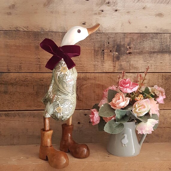 Hand Painted and Decoupage Wooden Duck With Natural Wellies Welly