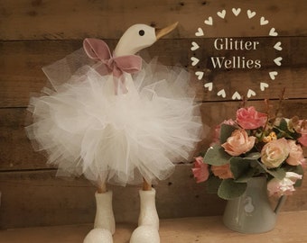 Tutu Bamboo Root Wooden Duck Cream With Tutu And Glitter Wellies Welly Boots