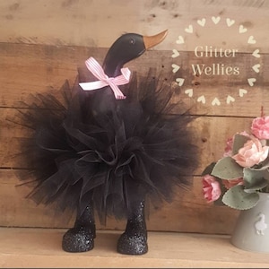 Black Tutu Bamboo Root Wooden Duck Black With Tutu And Glitter Wellies Welly Boots