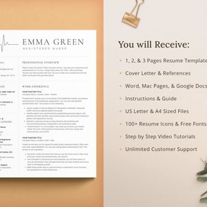 May include: A resume template for registered nurses. The template includes a professional overview, work experience, education, licenses and certifications, and a list of what is included in the purchase. The text "You will Receive:" is highlighted in bold.