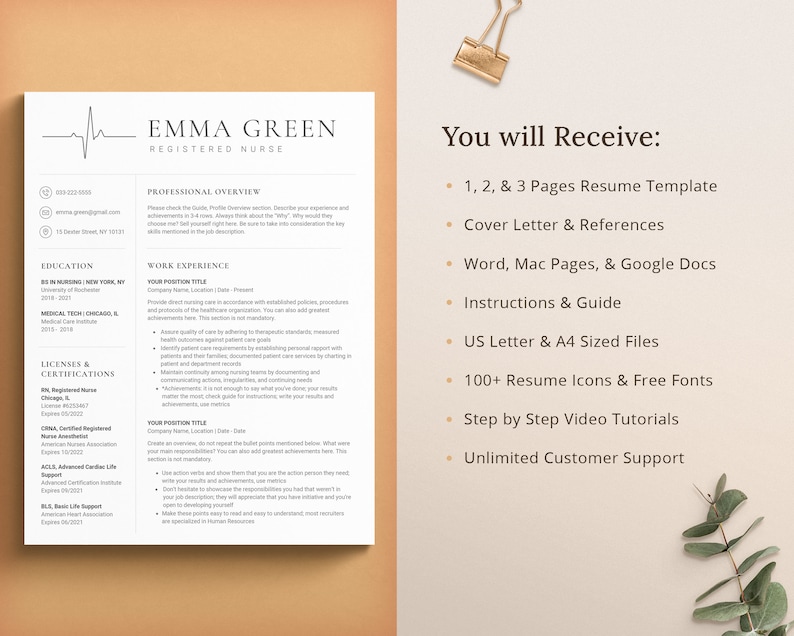 May include: A resume template for registered nurses. The template includes a professional overview, work experience, education, licenses and certifications, and a list of what is included in the purchase. The text "You will Receive:" is highlighted in bold.