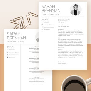 May include: A resume and cover letter template with a professional design. The resume includes contact information, a professional headshot, and a list of references. The cover letter includes a greeting, introduction, body, closing, and signature.