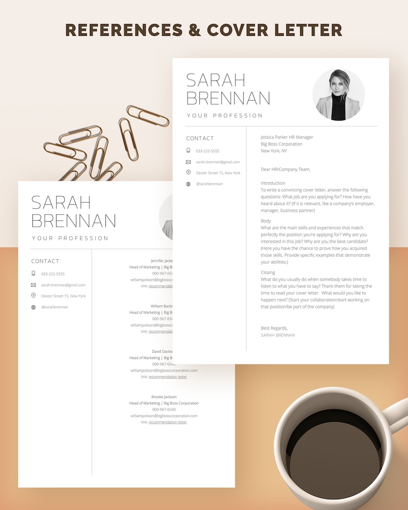 May include: A resume and cover letter template with a professional design. The resume includes contact information, a professional headshot, and a list of references. The cover letter includes a greeting, introduction, body, closing, and signature.