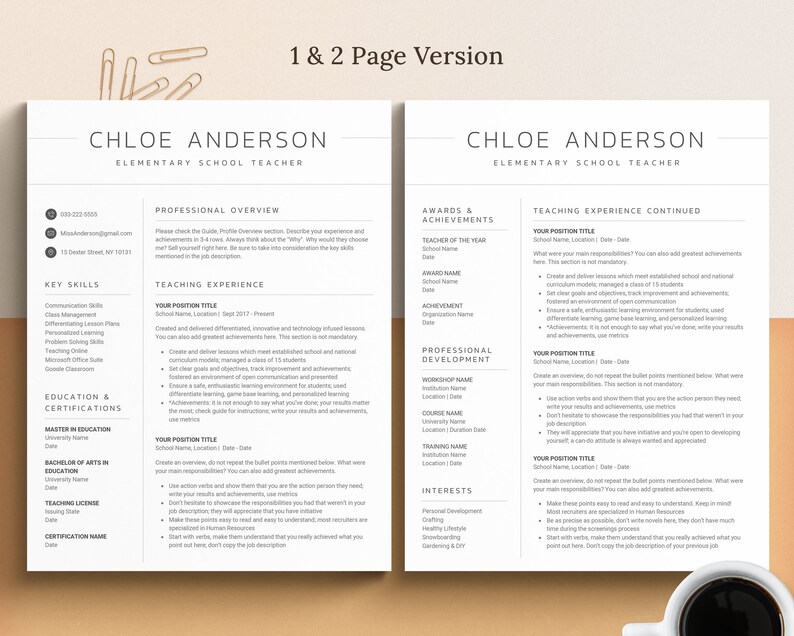 Pu&ograve; includere: Un modello di curriculum vitae su due pagine per un'insegnante di scuola elementare di nome Chloe Anderson. Il curriculum vitae include sezioni per la panoramica professionale, le competenze chiave, l'esperienza di insegnamento, i premi e i riconoscimenti, lo sviluppo professionale e gli interessi. Il curriculum vitae &egrave; progettato in uno stile minimalista con uno sfondo marrone chiaro e testo bianco.